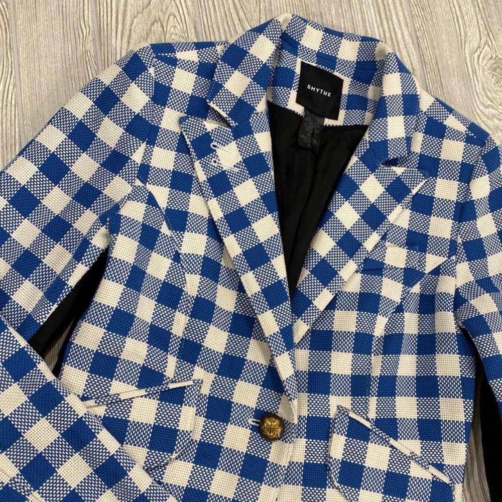 Smythe Blue and White Plaid Checkered Tuxedo Stripe One Button Blazer - sz 6